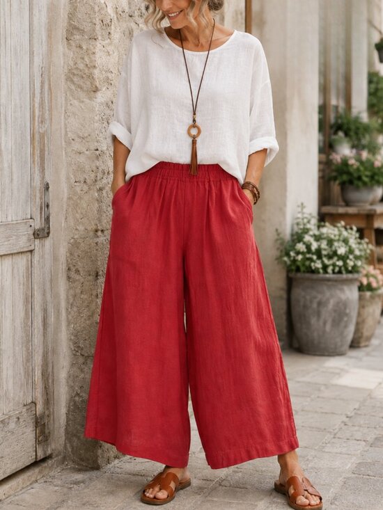 Marks & Spencer Pants - 100% Linen Palazzo Cropped Wide Leg Red Pants 12 Lagenlook Resort Coastal EUC
